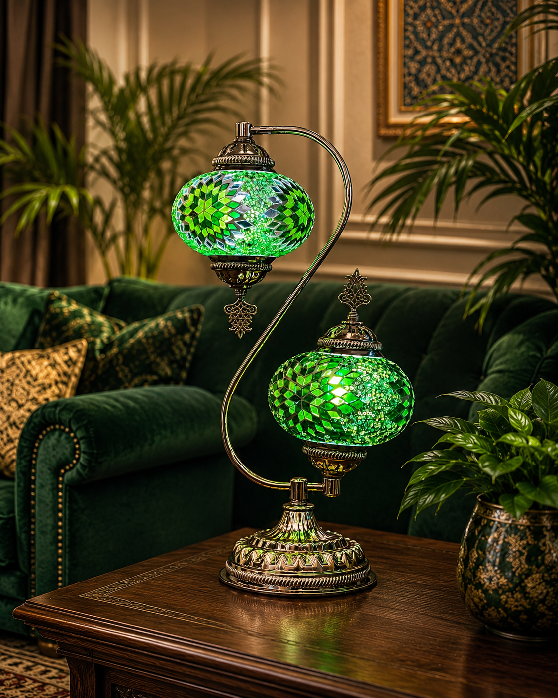 Handcrafted Turkish pink multicolor mosaic double globe table lamp on a wooden side table in a cozy living room.