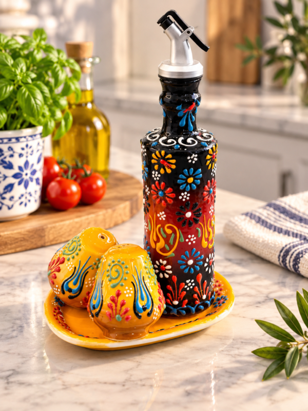 Turkish-Style Ceramic Oil Dispenser with Salt & Pepper Shakers